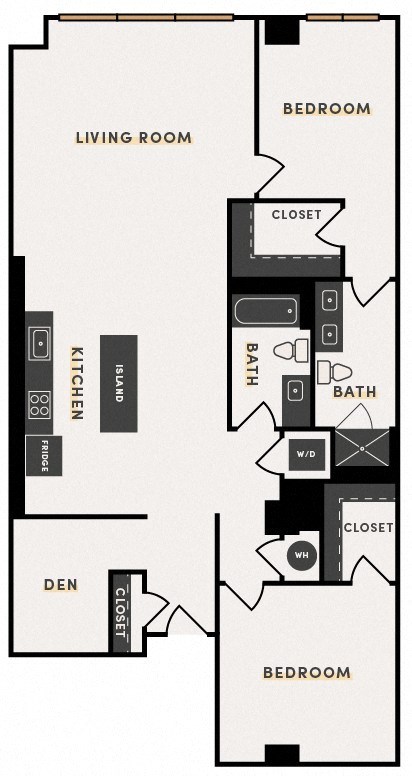 Floor plan for 2 beds, 2 baths, 1384 sqft